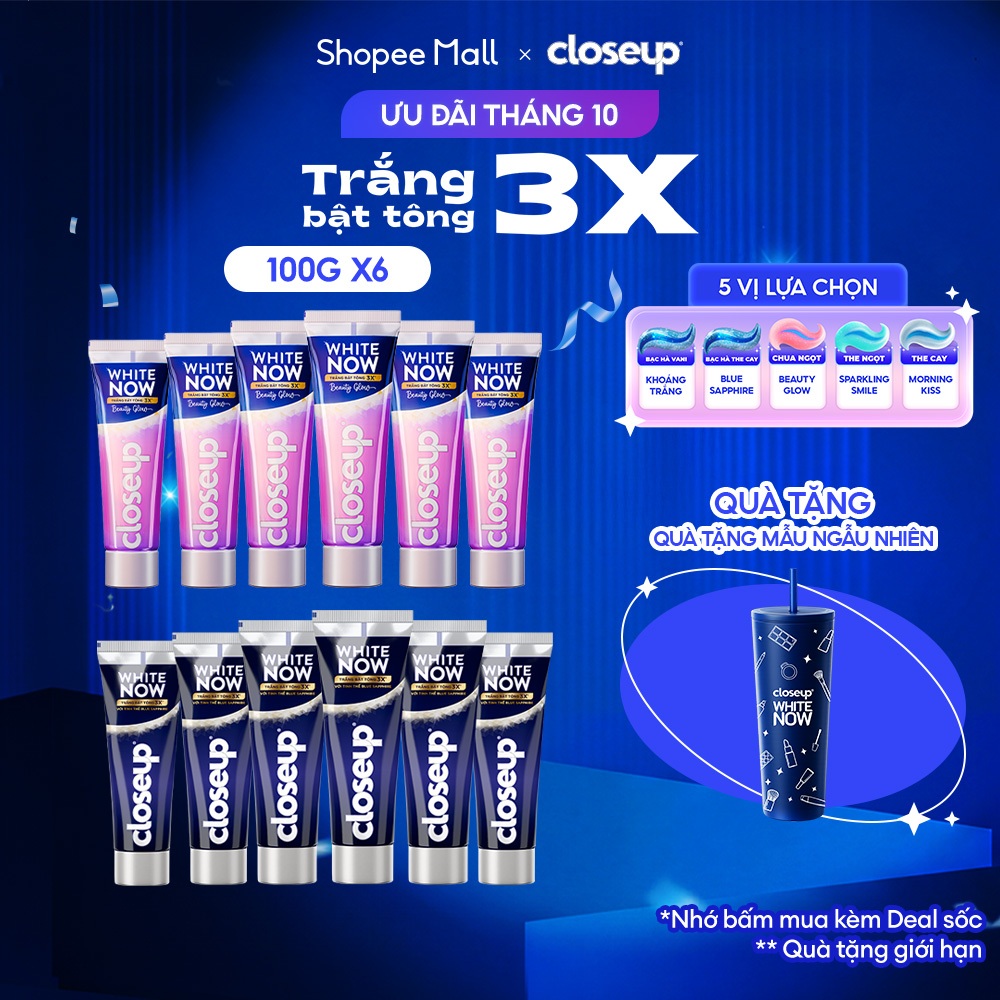 Bộ 6 Kem Đánh Răng Closeup trắng răng White Now Trắng Bật Tông 3x TỨC THÌ 100g