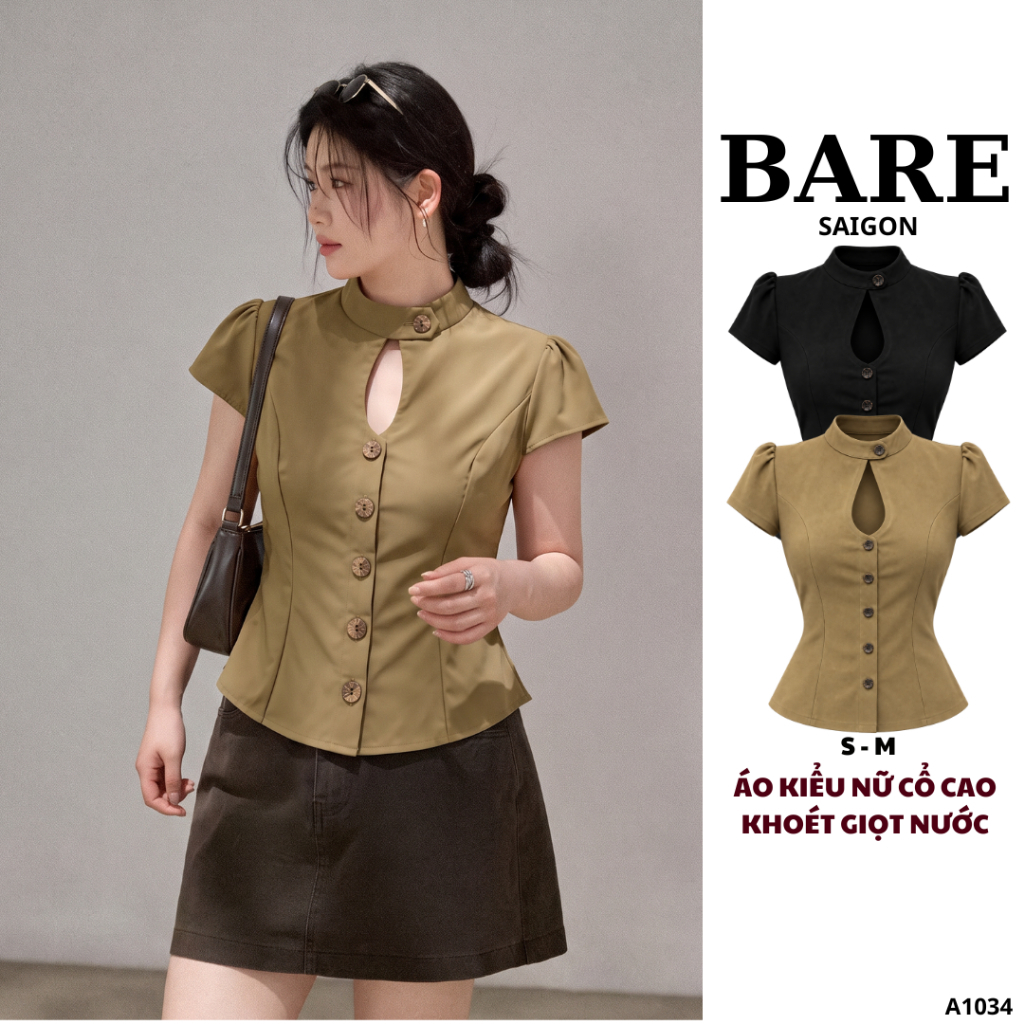 BARE_Áo Kiểu Nữ Cổ Cao Khoét Giọt Nước, Áo SơMi Tay Ngắn Cài Cúc Chiết Eo Ôm Dáng Thanh Lịch_A1034