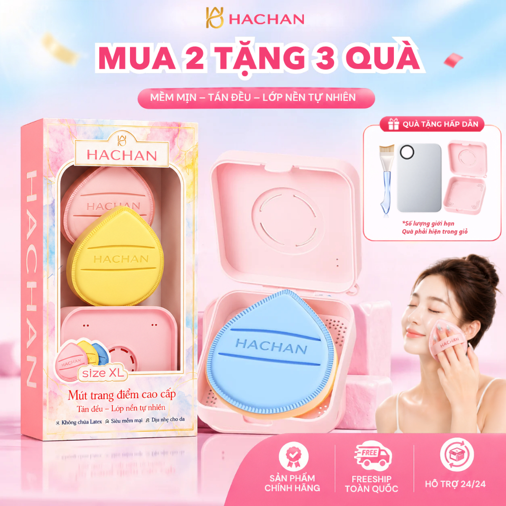 [MUA HỘP 2 TẶNG 3 QUÀ] Bông mút trang điểm HACHAN Size XL mềm mại đàn hồi, tán nhanh, không hút kem