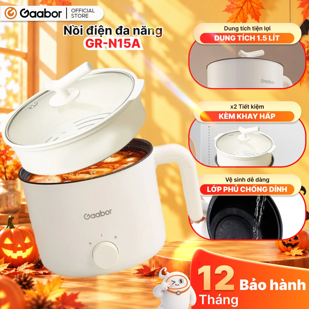 Nồi điện đa năng Gaabor GR-N15A lẩu điện 1.5L chống dính công suất 600W ăn mì nấu lẩu kèm xửng hấp