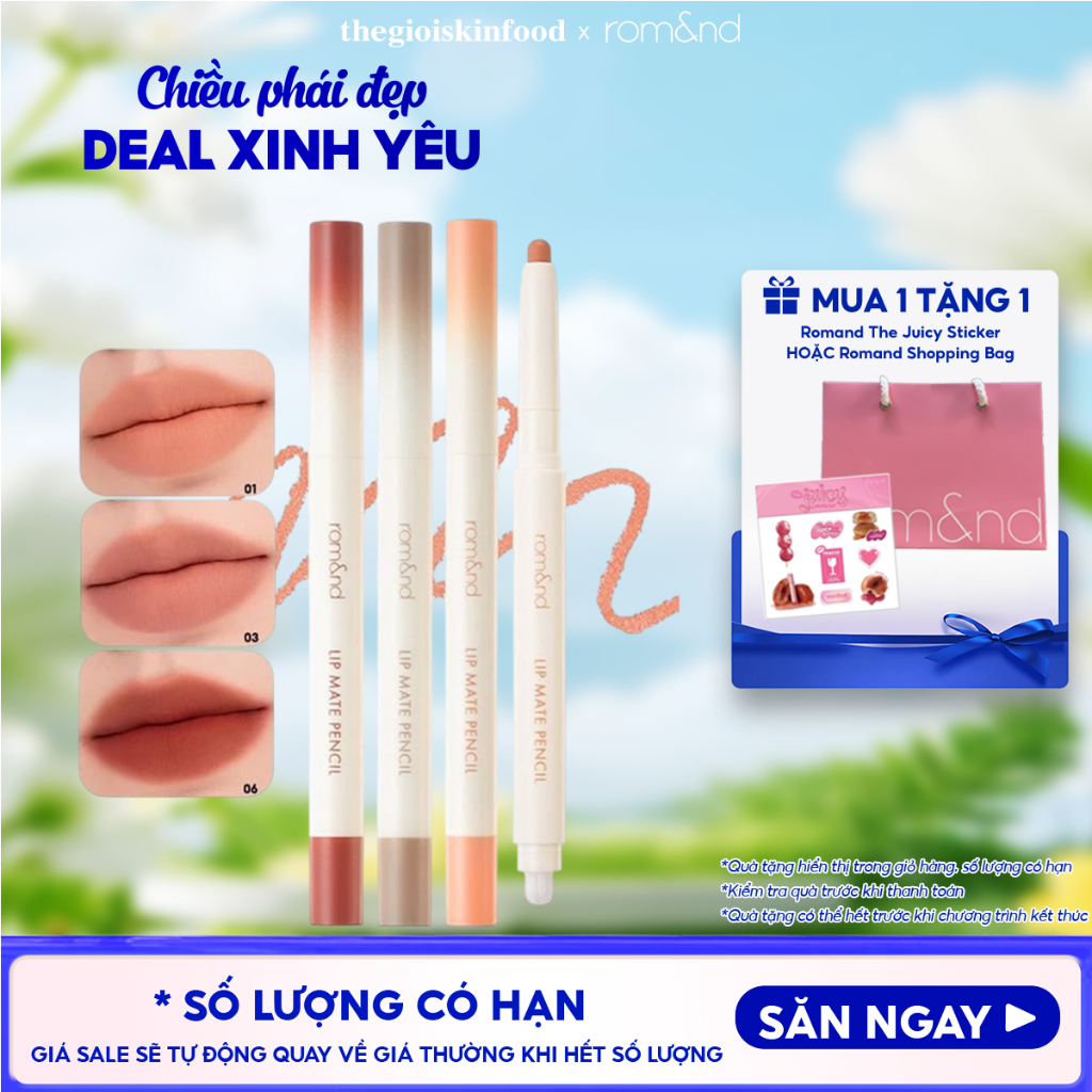 Chì kẻ viền môi Romand Hàn Quốc nhung lì, thiết kế hai đầu Lip Mate Pencil - 0.5g ThegioiSkinfood
