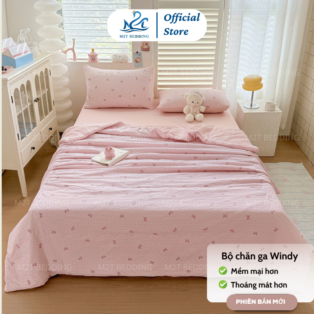 Bộ Chăn Ga Gối Windy M2T Bedding Gồm Ga Giường 2 Vỏ Gối Và Chăn Chần Bông Hè Mềm Mại Thoáng Mát
