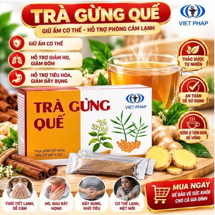 TRÀ GỪNG QUẾ VIỆT PHÁP – THƠM DỊU HƯƠNG QUẾ, ẤM NỒNG VỊ GỪNG Trà Gừng Quế Việt Pháp mang đến hương vị hài hòa giữa gừng