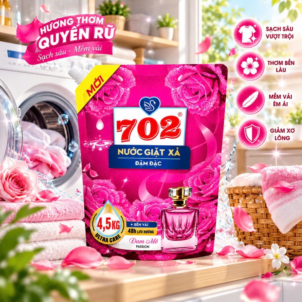 Nước Giặt 702- Túi 4,5kg Hương Thơm Quyến Rũ, Lưu Hương, Tiết Kiệm Chính Hãng