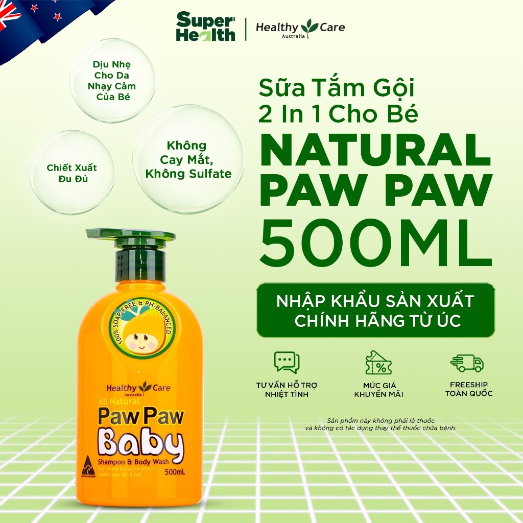 Sữa Tắm Gội Cho Bé Healthy Care Paw Paw 500ml - Dịu Nhẹ, Không Cay Mắt, Cho Da Nhạy Cảm - Super Health