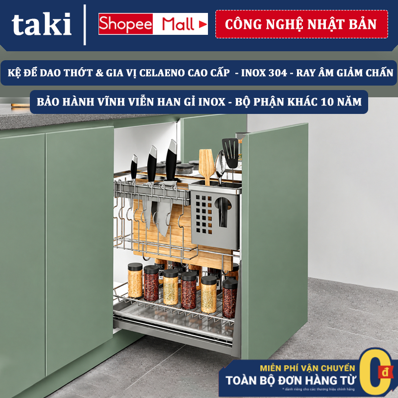 Trọn Bộ Giá Dao Thớt Gia Vị CELAENO CAO CẤP , INOX 304 Ray Âm Giảm Chấn, Bảo Hành Vĩnh Viễn, Có Thợ Lắp
