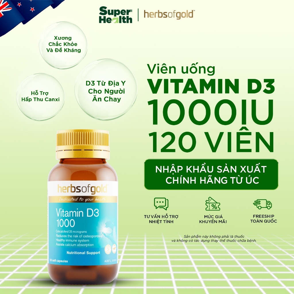 Vitamin D3 1000IU Herbs of Gold 120 Viên - Hỗ Trợ Hấp Thu Canxi, Xương Chắc Khỏe - Super Health