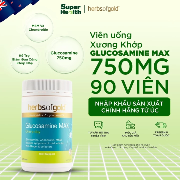 Viên Uống Xương Khớp Herbs of Gold Glucosamine Max - Glucosamine, MSM Và Chondroitin, 90 Viên - Super Health