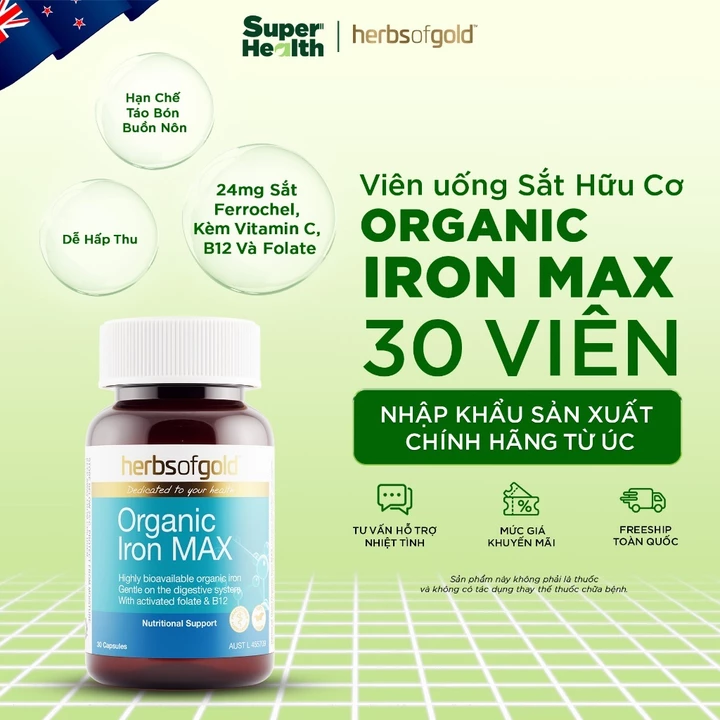 Viên Uống Bổ Sung Sắt Herbs of Gold Organic Iron Max 30 Viên - Sắt Hữu Cơ, Hạn Chế Táo Bón - Super Health