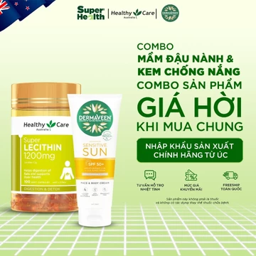 COMBO Viên uống Mầm Đậu Nành HealthyCare Super Lecithin 1200mg 100 Viên Và Kem chống nắng DermaVeen Sensitive Sun SPF50+