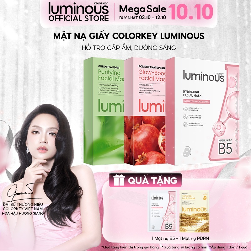 Mặt Nạ Colorkey Luminous | Vitamin B5/ Vitamin B3/ Trà xanh/ PDRN| Hỗ trợ dưỡng ẩm, sáng da, giảm dầu mụn| 10 miếng/Hộp