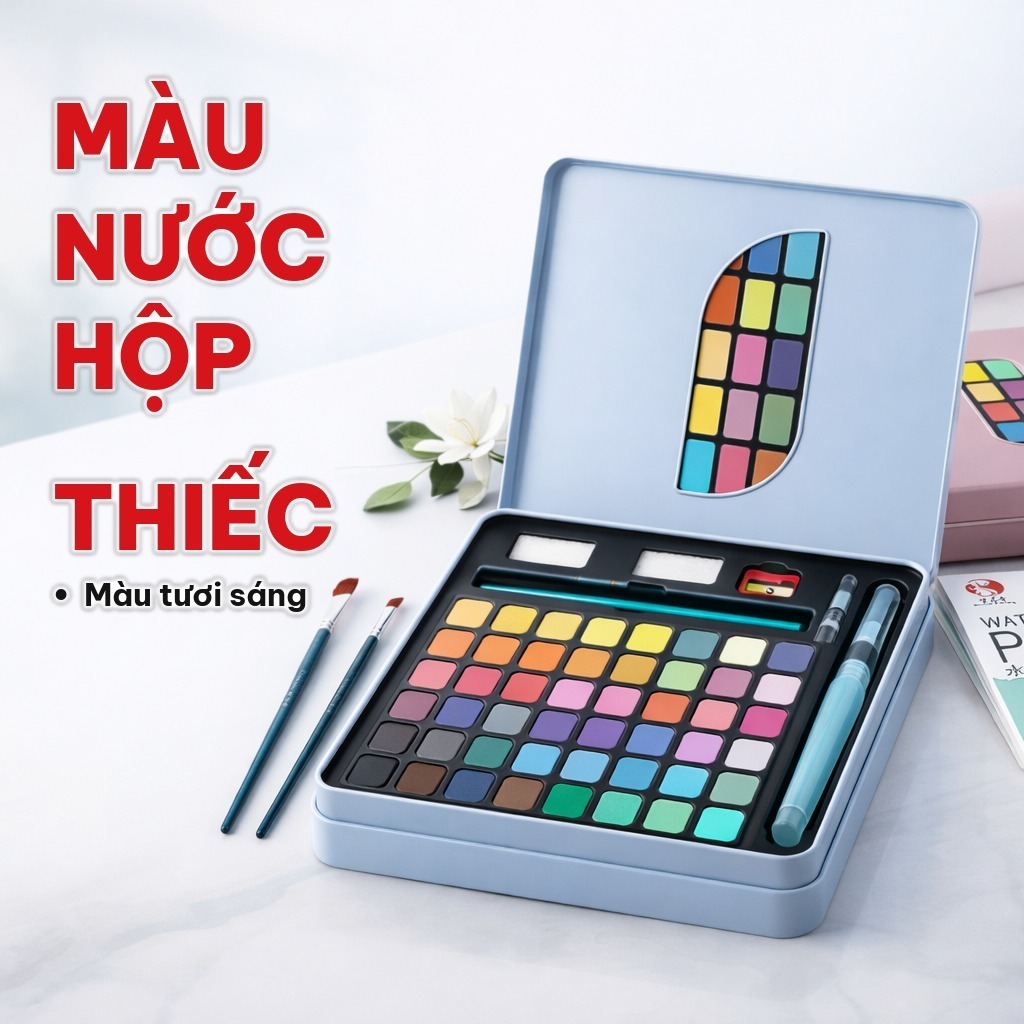 Combo 48 Màu Nước Nén Solid Water Hộp Thiếc, Bộ Dụng Cụ Vẽ Mỹ Thuật Kèm Cọ Tích Nước Tiện Lợi Cho Học Sinh
