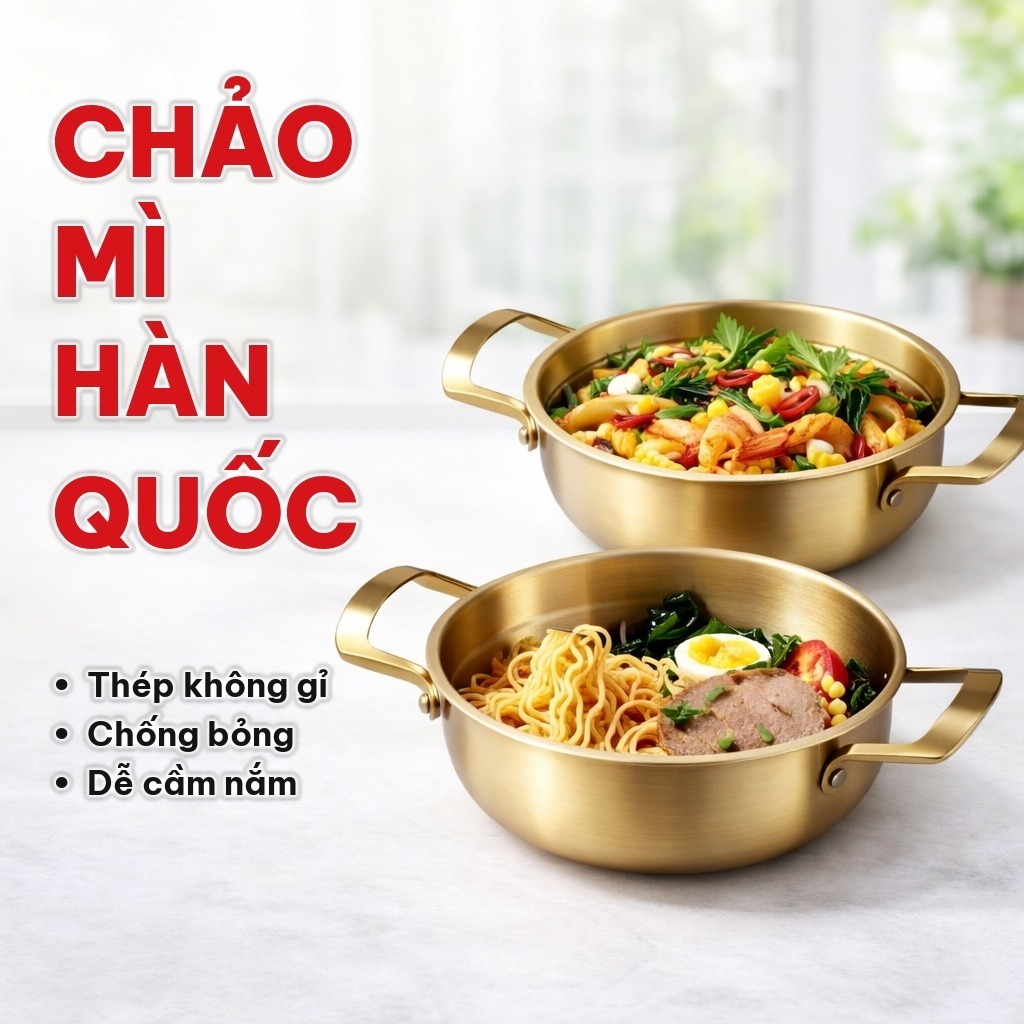 Chảo Mì Hàn Quốc 20cm Hai Tay Cầm, Nồi Lẩu Mini Bằng Thép Không Gỉ - Nấu Mì, Lẩu, Soup Đa Năng, Cho Bữa Sáng Gọn Nhẹ