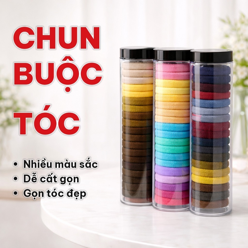(COMBO 5), Hộp 20 Chun Buộc Tóc Nhiều Màu, Dây Buộc Tóc Trơn Kèm Ống Đựng Trong Suốt Cho Nữ, Bé Gái