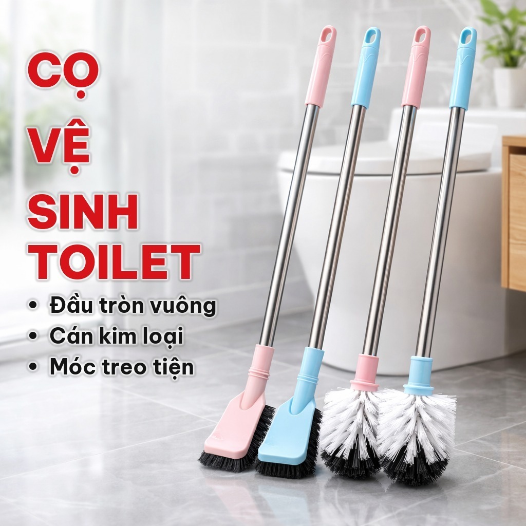 (COMBO 2) Cọ Vệ Sinh Bồn Cầu 50CM Đầu Tròn, Đầu Vuông - Cọ Toilet Cán Kim Loại Chắc Chắn Cho Nhà Tắm