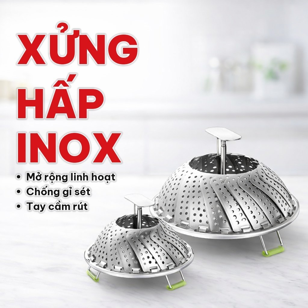 Xửng Hấp Inox Cao Cấp, Vỉ Hấp Đa Năng Co Giãn Tùy Ý, Kèm Chân Gấp Gọn, Dùng Hấp Thực Phẩm Trong Xoong Nồi