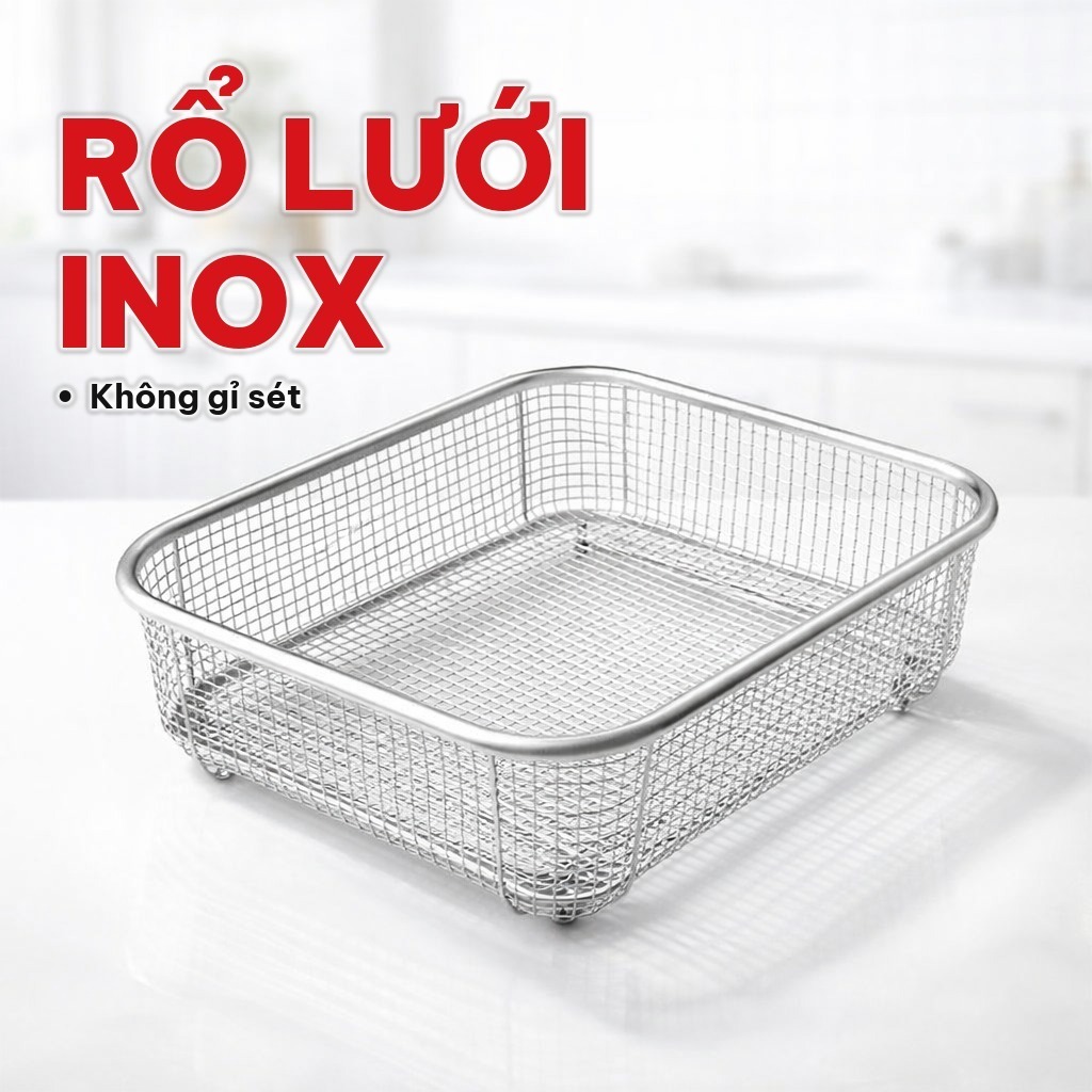 Rổ Lưới Inox Hình Chữ Nhật, Không Gỉ Sét, Sáng Bóng, Vành Dày Chắc Chắn, Rổ Inox Đa Năng Đựng Rau Củ Trái Cây