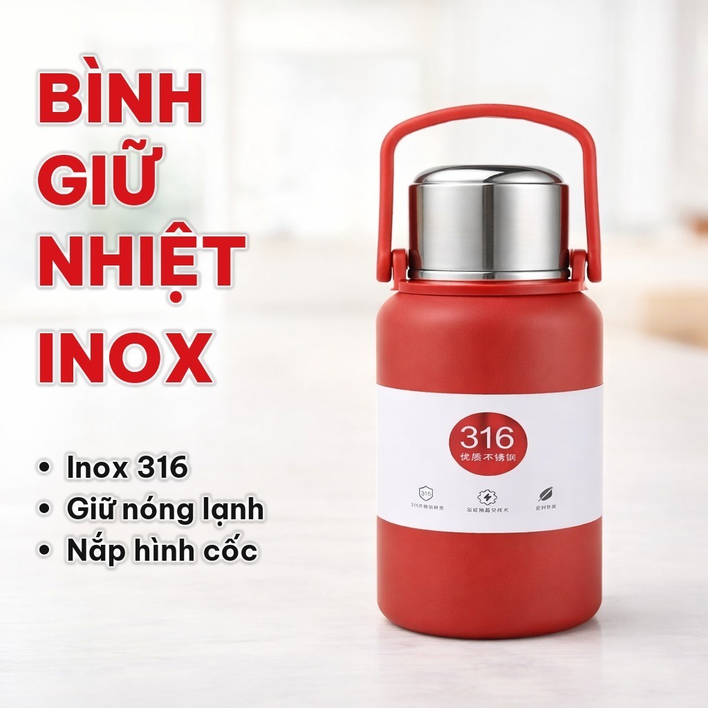 Bình Giữ Nhiệt BOSS 800ml/1200ml/1500m, Inox 316 4 Lớp, Bình Đựng Nước Nắp Cốc, Giữ Nóng Lạnh Có Tay Cầm