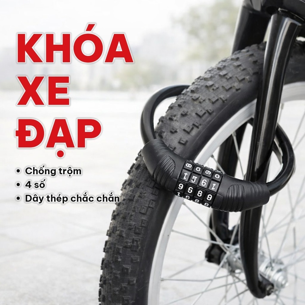 Khóa Xe Đạp 4 Số Chống Trộm, Khóa Dây Cáp Thép Bọc PVC Chắc Chắn, Nhỏ Gọn Dùng Cho Xe Máy Và Cổng Rào