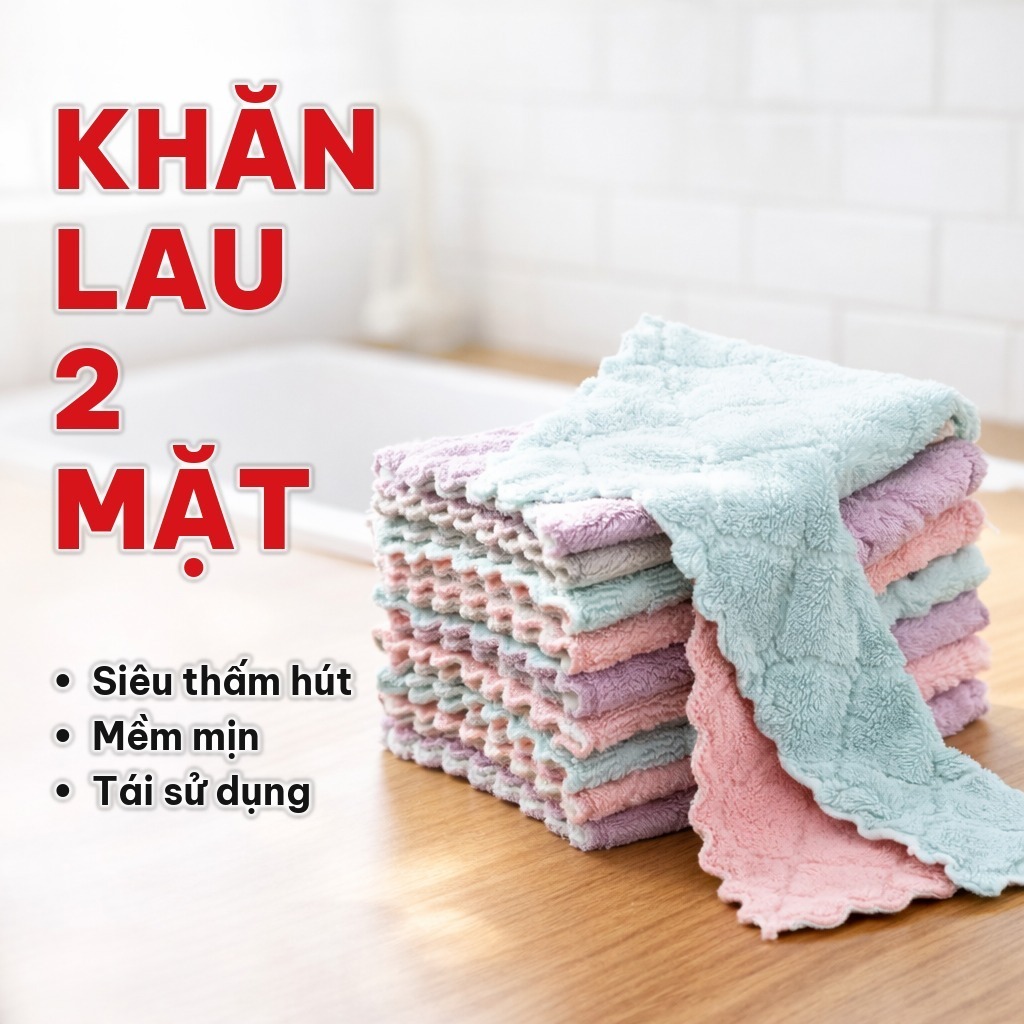 (COMBO 10) SET 5 Khăn Lau 2 Mặt Mềm Mịn, Khăn Đa Năng Thấm Hút Nước, Tái Sử Dụng Cho Nhà Bếp Và Gia Đình