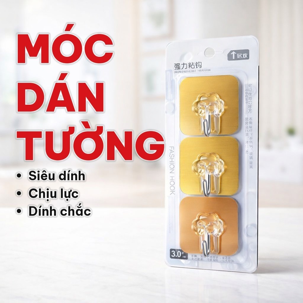 (COMBO 10), Set 1 Vỉ 3 Móc Dán Tường Siêu Dính Màu Vàng Đồng, Móc Treo Tường Chịu Lực Dùng Treo Đồ