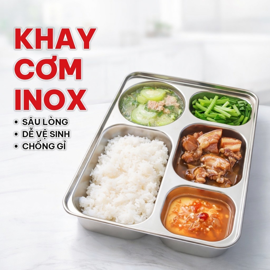 Khay Cơm Inox 5 Ngăn Sâu Lòng 31 X 24 X 3cm, Khay Ăn Chia Ngăn Bằng Inox 201/304 Dùng Cho Bếp Ăn Trường Học