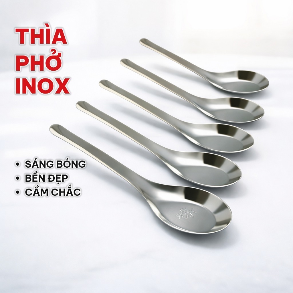 [COMBO 10] Thìa Phở Inox Hoa Sen Sáng Bóng, Cán Dày Cầm Chắc - Muỗng Ăn Cơm Inox Không Gỉ Dễ Vệ Sinh