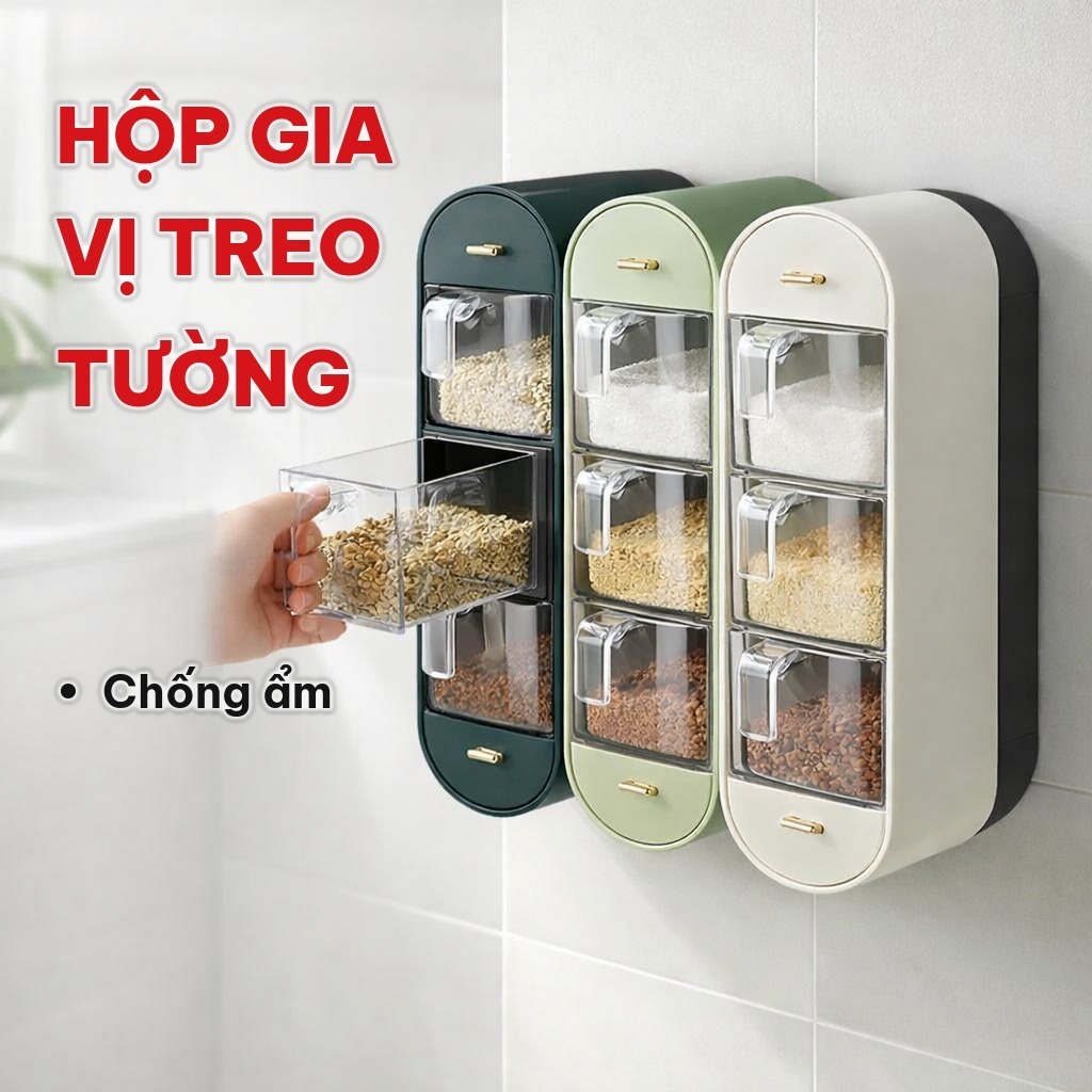 Hộp Đựng Gia Vị Treo Tường 3 Ngăn Chống Ẩm, Kệ Để Gia Vị Dán Tường Bằng Nhựa PP Và PS, Tiết Kiệm Không Gian Nhà Bếp