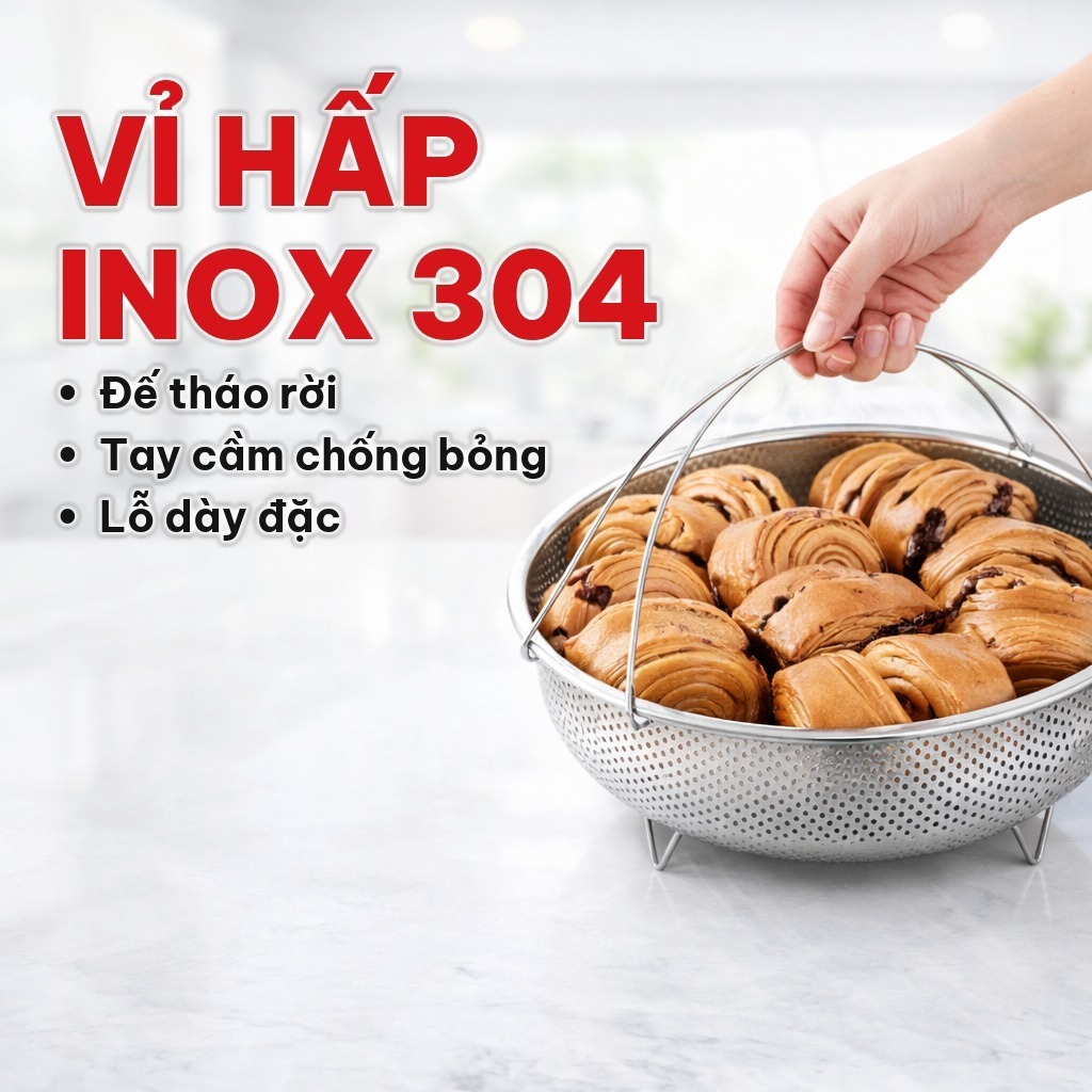 Vỉ Hấp Inox 304 Kèm Đế Tháo Rời, Rổ Hấp Có Tay Cầm Chống Bỏng Tiện Lợi, Dùng Làm Chín Rau Củ Trong Nhà Bếp