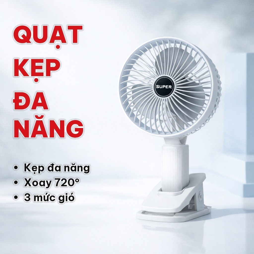 Quạt Kẹp Bàn Đa Năng Super 3IN1, Quạt Mini Để Bàn Xoay 720 Độ, Kẹp Điện Thoại, Sạc USB, Pin Sạc Lithium