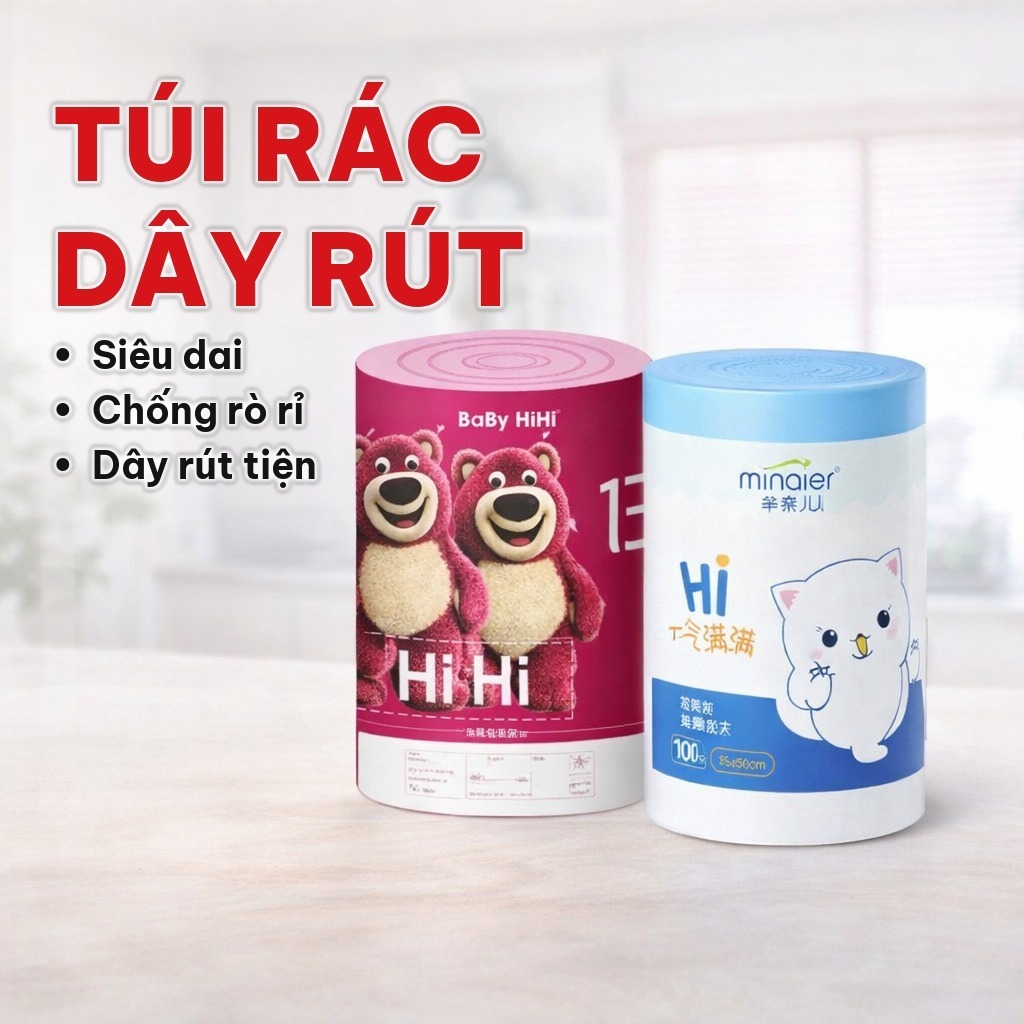 100 Túi Đựng Rác Gấu Dâu/Minaier 45 x 50 cm Dày Dai, Túi Rác Dây Rút Chống Rò Rỉ, Nhựa PE Cho Gia Đình