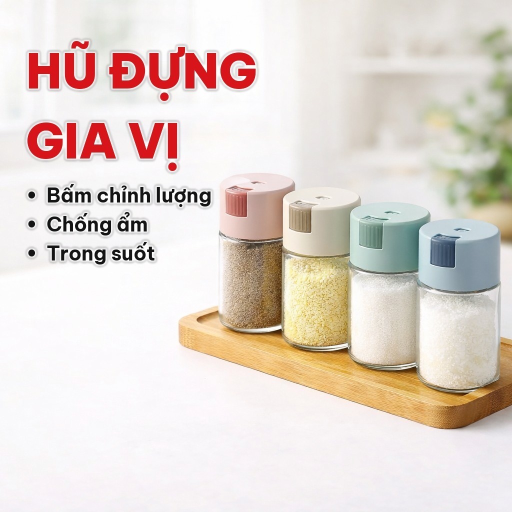 (COMBO 4) Lọ Đựng Gia Vị Thủy Tinh 180ml, Nút Bấm Định Lượng, Hũ Đựng Gia Vị Tiện Dụng, Chống Ẩm Cho Nhà Bếp