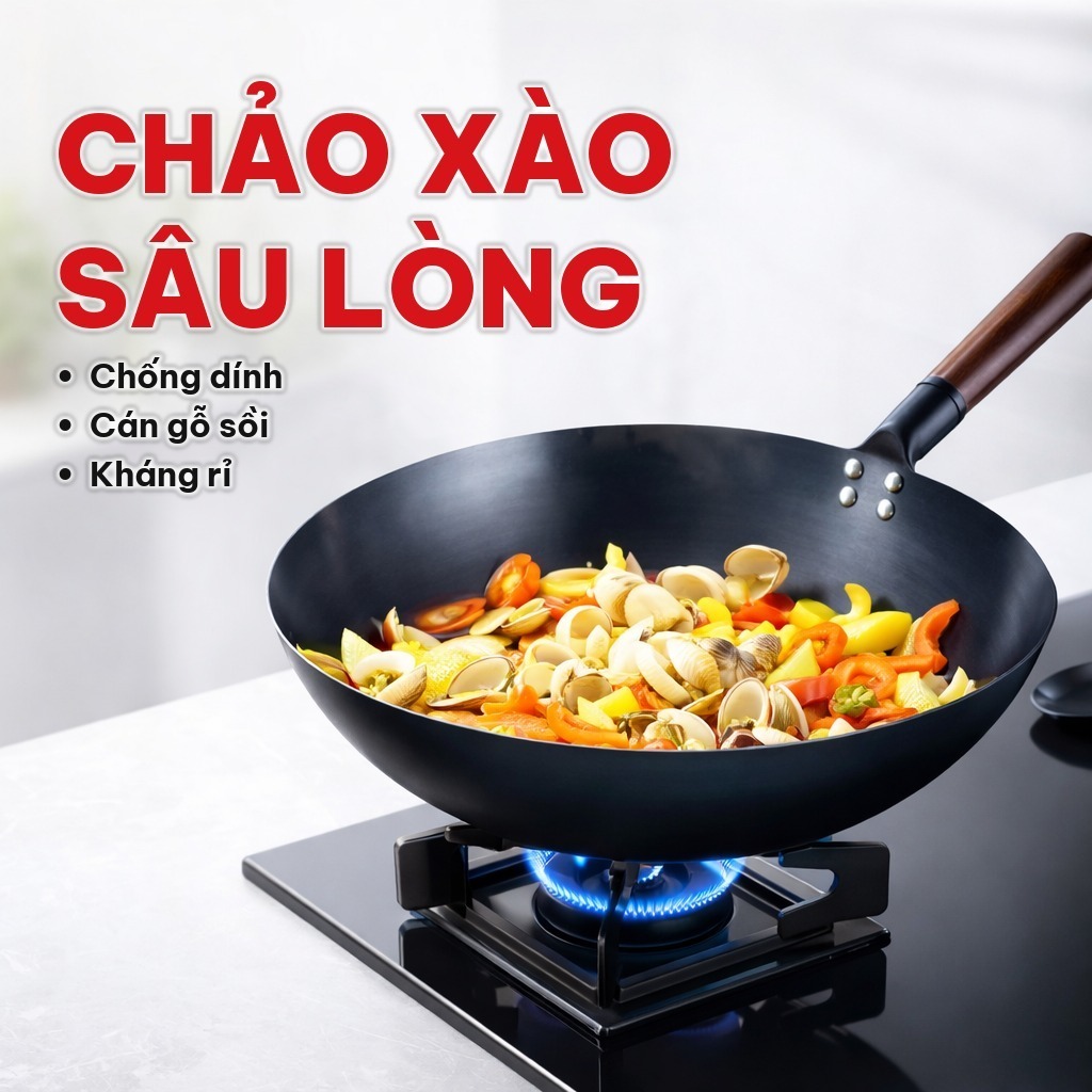 Chảo Xào Sâu Lòng Size 32, Chảo Thép Chống Dính Cán Gỗ Sồi, Tôi Sẵn Kháng Rỉ Dùng Chiên Xào Nhà Bếp