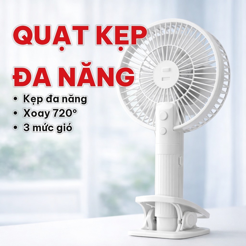 Quạt Kẹp Mini Đa Năng, Xoay 720 Độ 3 Mức Gió, Quạt Mini Để Bàn Sạc USB, Kẹp Điện Thoại Tiện Dụng Nhỏ Gọn