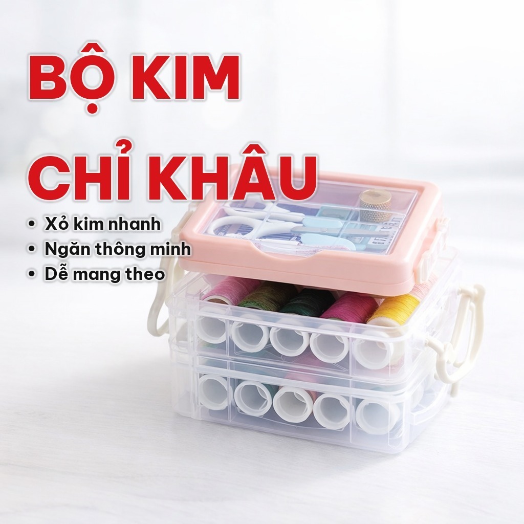 Bộ Kim Chỉ Khâu Vá 2 Tầng Đa Năng, Hộp Kim Chỉ Nhỏ Gọn Dễ Mang Theo, Hỗ Trợ May Vá, Sửa Quần Áo Gia Đình