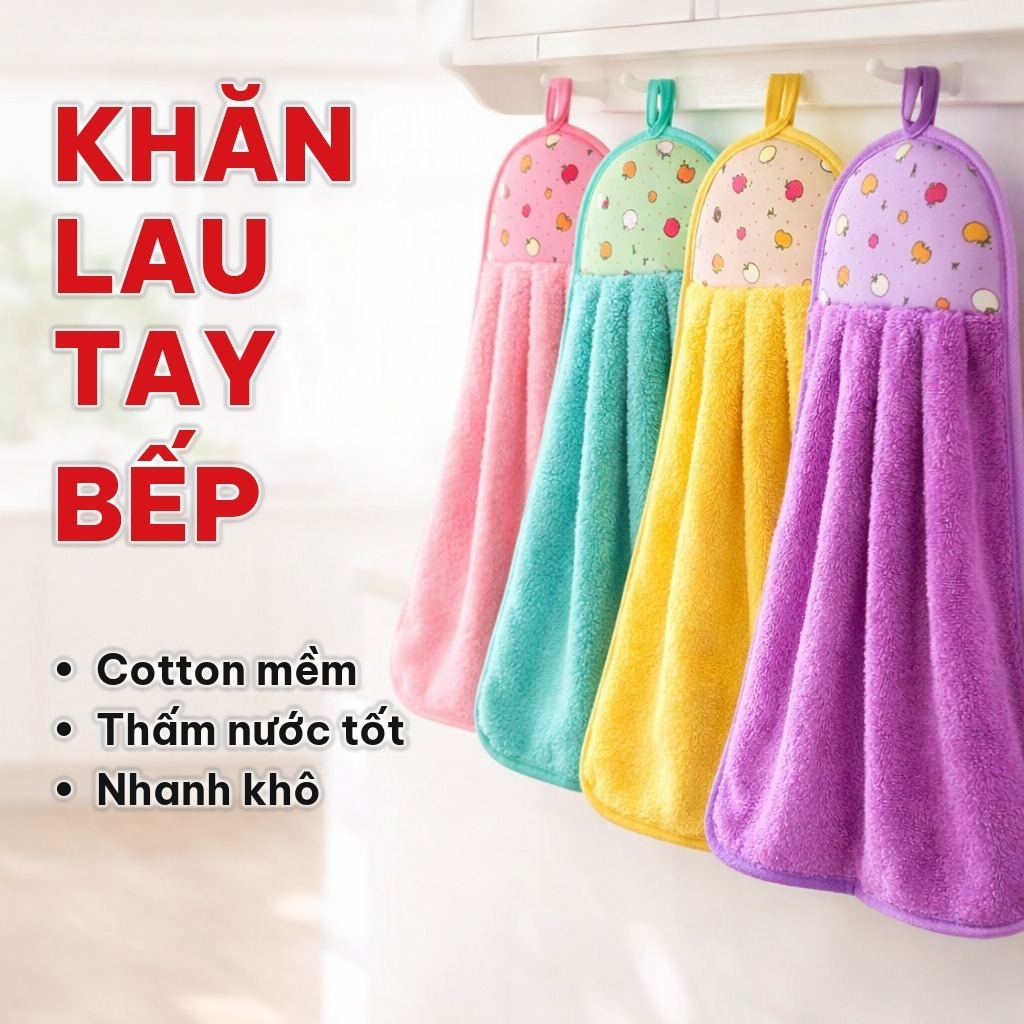 [COMBO 10] Khăn Lau Tay Nhà Bếp Siêu Thấm Nước, Khăn Lau Bát Cotton Mềm Mại Có Móc Treo Tường Nhiều Màu