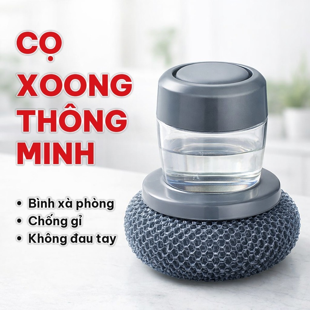 (COMBO 5) Bàn Chải Cọ Xoong Nồi Có Bình Đựng Xà Phòng, Cọ Rửa Bát Đĩa Bằng Kim Loại Cho Nhà Bếp Tiện Dụng