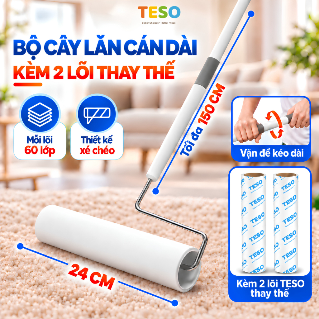 (SIZE 24CM) Bộ Cây Lăn Bụi Sàn Nhà Cán Kéo Dài - Lõi Lăn Bụi 24cm 60 Tờ - Cây Lăn Lông Chó Mèo, Quần Áo, Ga Giường, Thảm