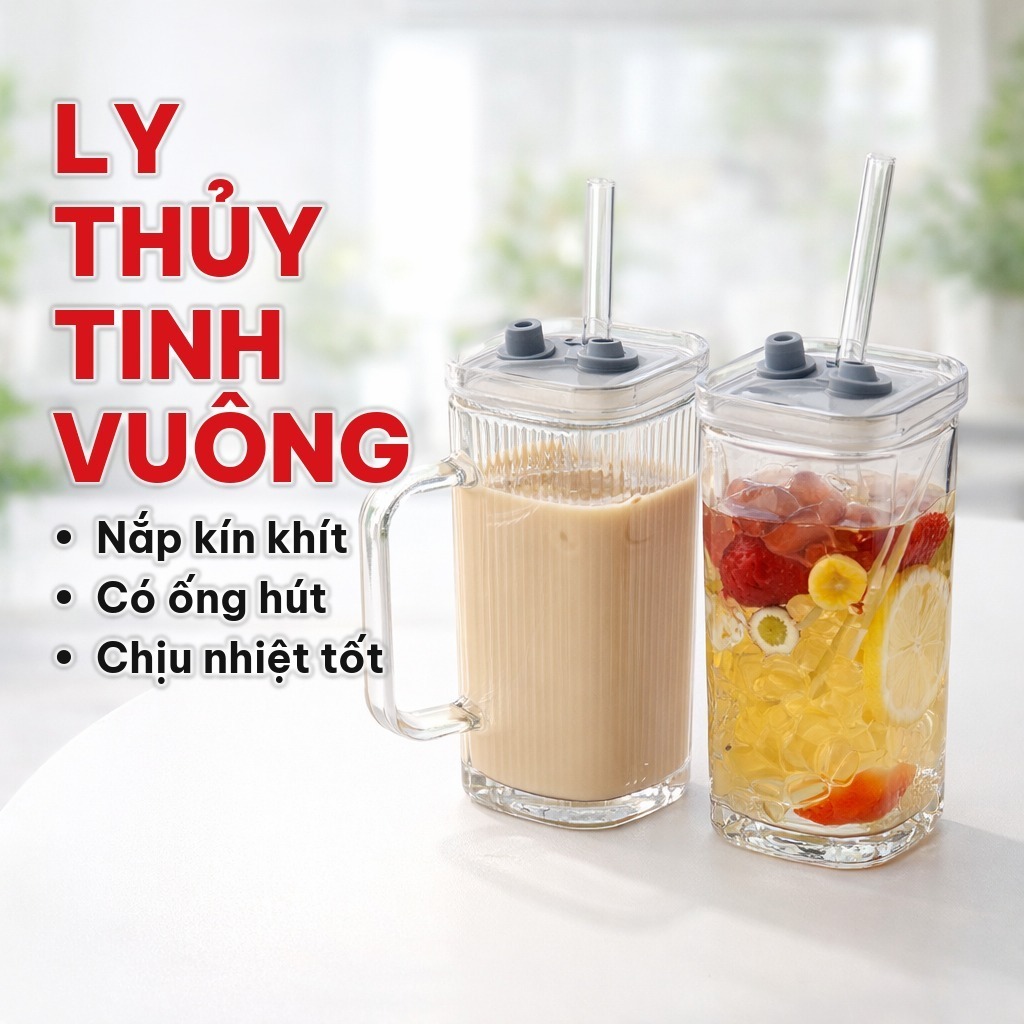 Cốc Nước Thủy Tinh Vuông 300ML Bằng Borosilicate, Ly Thủy Tinh Vuông Có Quai, Có Nắp Và Ống Hút, Dùng Uống Nước