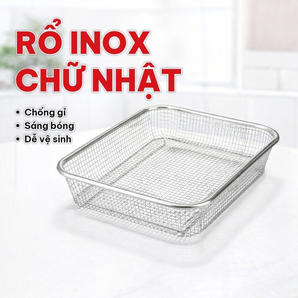 (COMBO 3) Rổ Inox Hình Chữ Nhật Lưới Thưa Chống Gỉ, Rổ Lưới Inox Đựng Rau Củ Quả Cho Nhà Bếp Tiện Lợi