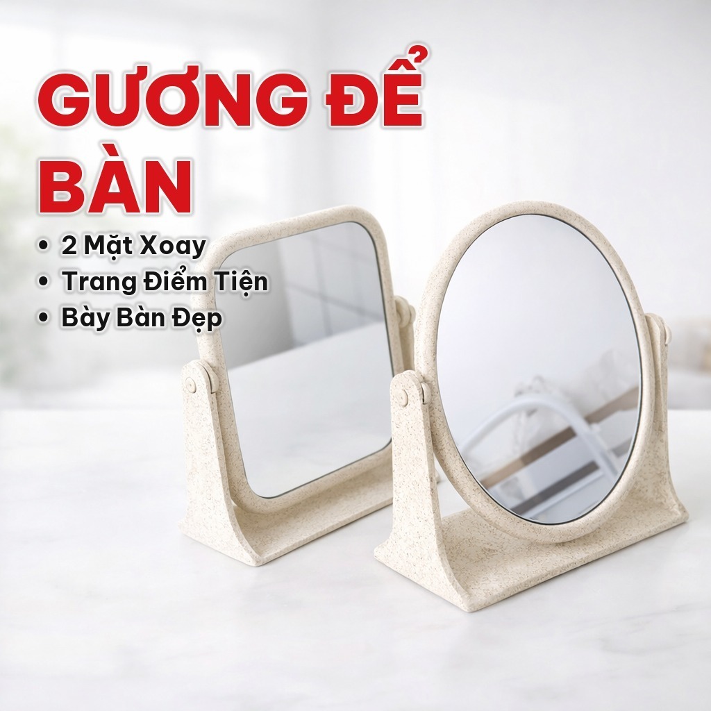 Gương Để Bàn 2 Mặt Xoay Linh Hoạt, Gương Trang Điểm Khung Nhựa Lúa Mạch Bền Chắc Cho Bàn Trang Điểm