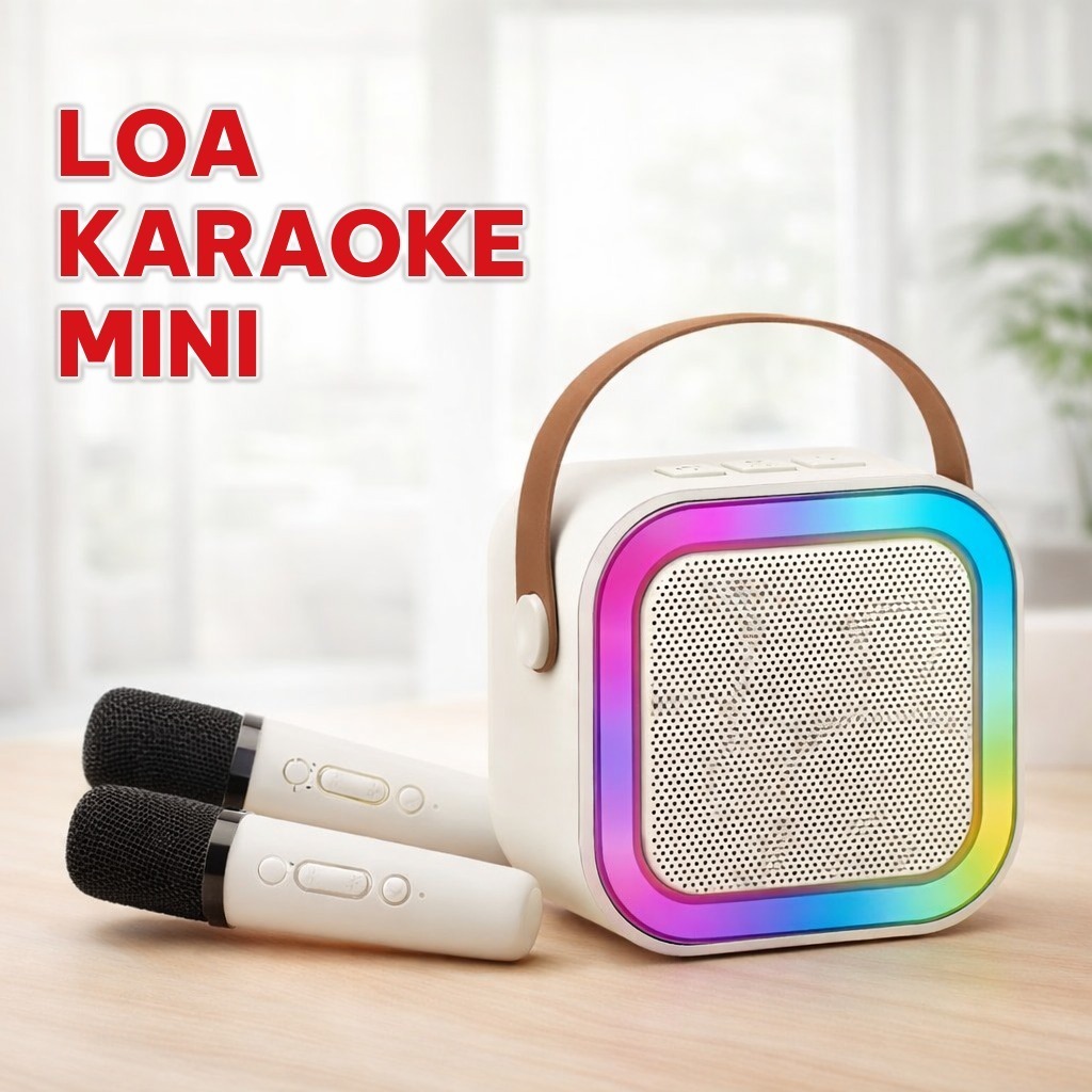 Loa Bluetooth Karaoke Mini Công Suất 10W, Kèm 2 Micro Không Dây - Loa Hát Karaoke Mini Có Đèn Led Đổi Màu
