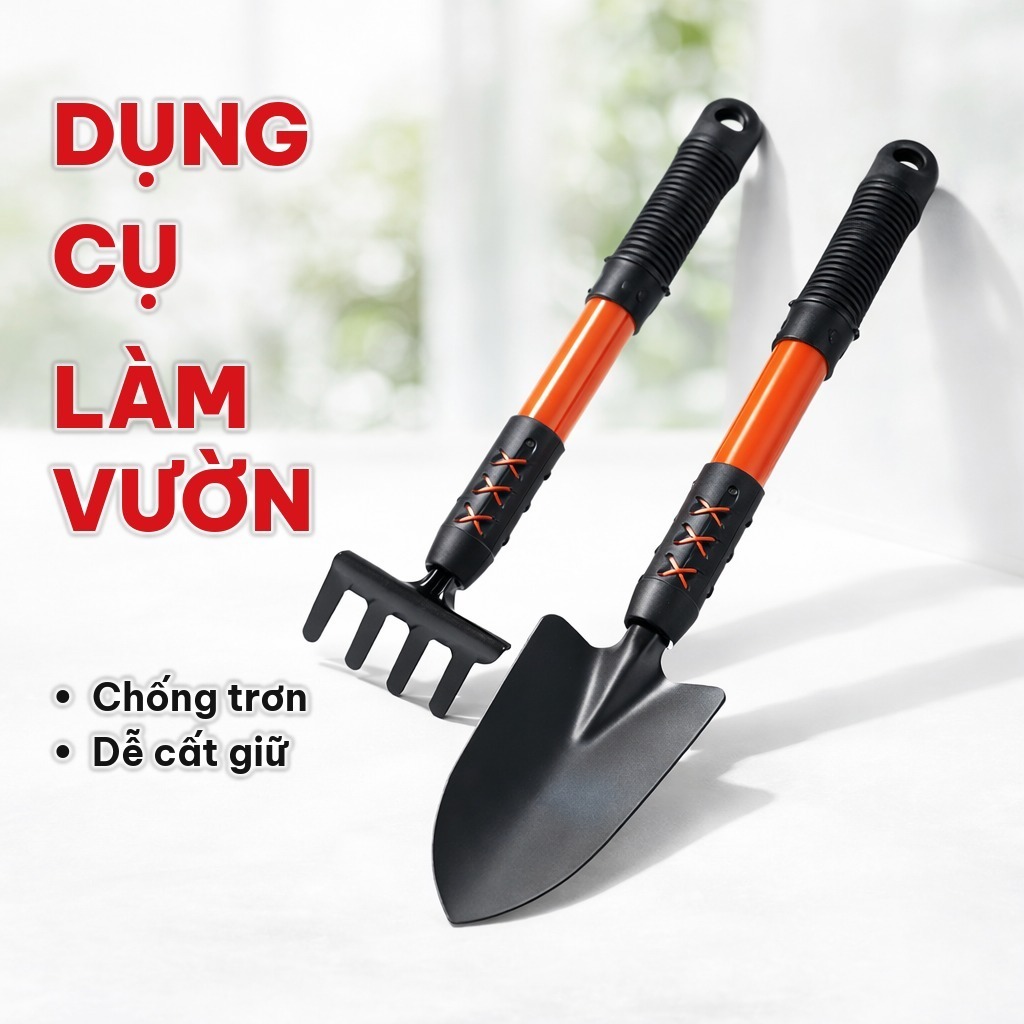 Set 4 COMBO 4 MÓN Bộ Dụng Cụ Làm Vườn, Dụng Cụ Trồng Cây Bằng Thép Sơn Tĩnh Điện, Tay Cầm Chống Trơn