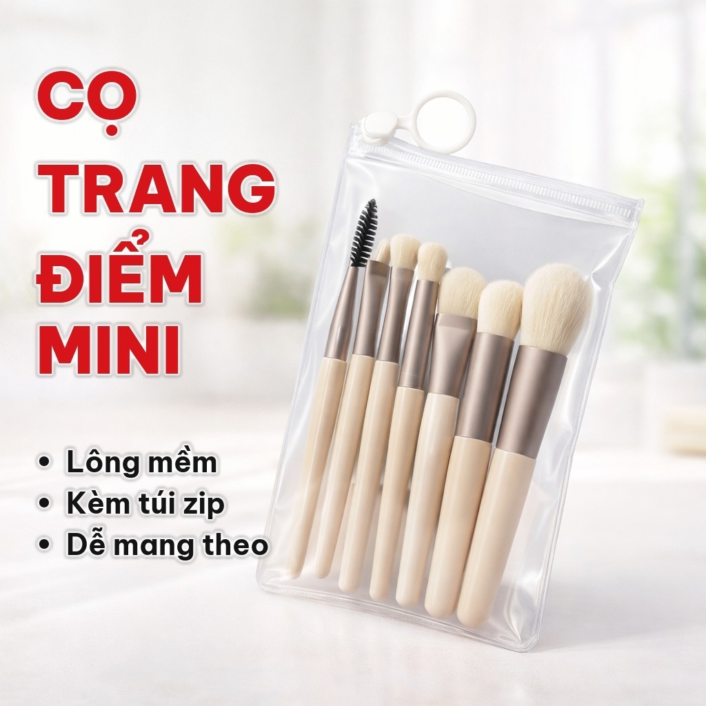 Set 8 Cọ Trang Điểm Mini 13cm Lông Mềm Màu Macaron, Bộ Cọ Makeup Kèm Túi Zip Tiện Mang Theo Khi Du Lịch