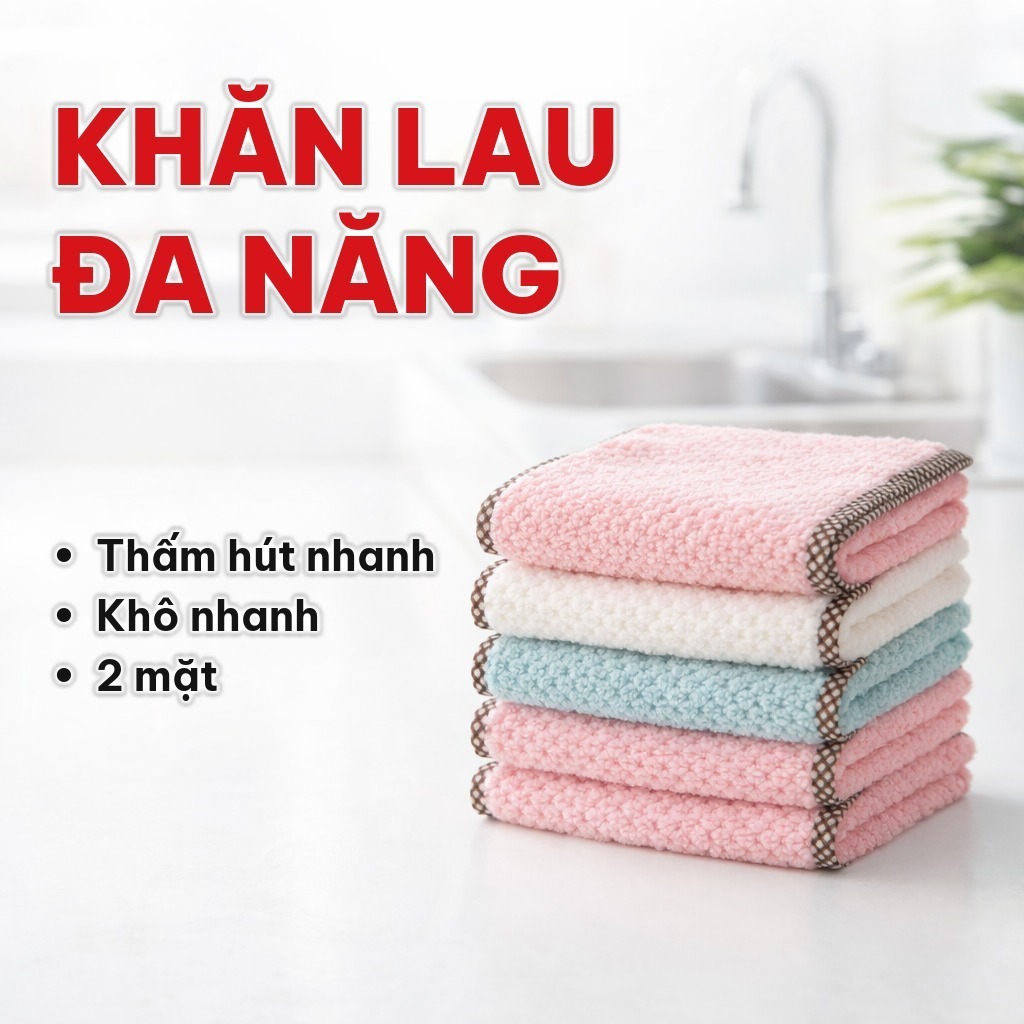 [COMBO 5] Khăn Lau Bếp 2 Mặt Bằng Nhung San Hô, Khăn Rửa Chén Thấm Hút Nước, Có Móc Treo Cho Nhà Bếp