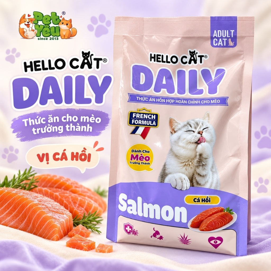 Thức ăn cho mèo Hello Cat Daily Salmon 1KG vị cá hồi cho mèo trưởng thành