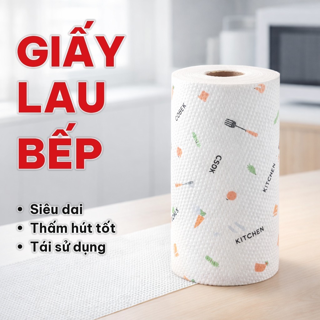 Giấy Lau Bếp Đa Năng Cuộn 40 Tờ, Khăn Giấy Đa Năng Thấm Hút Dầu Mỡ, Lau Bát Đĩa Và Mặt Bàn, Tái Sử Dụng