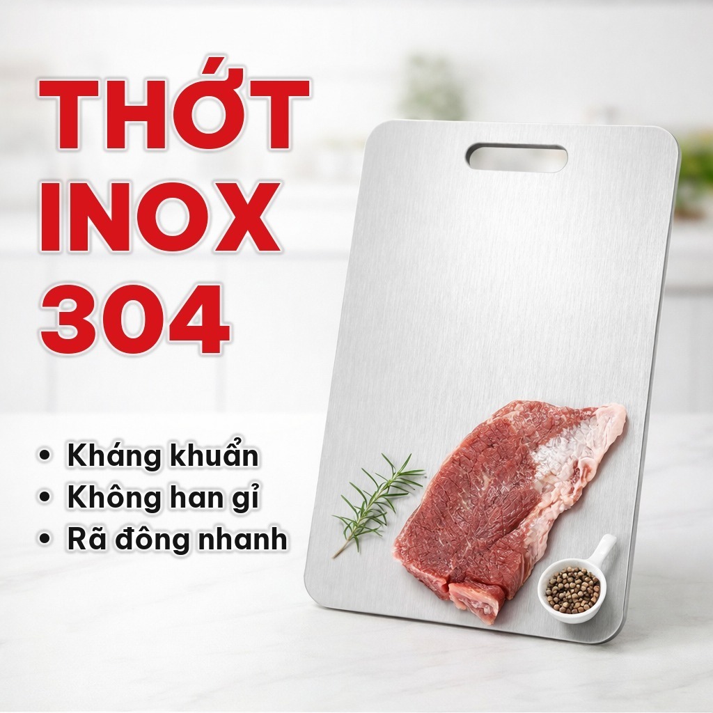 Thớt Inox 304 Cao Cấp, Chống Ẩm Mốc Không Han Gỉ - Thớt Thép Không Gỉ, Cắt Thái Thực Phẩm, Rã Đông Nhanh