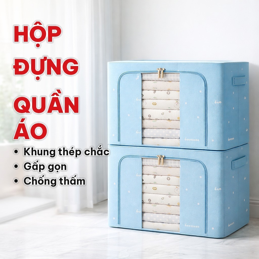 Hộp Đựng Quần Áo 80L Chia Ngăn, Túi Đựng Quần Áo Vải Polyester Khung Thép, Gấp Gọn Xếp Chồng, Có Nắp Khóa Kéo