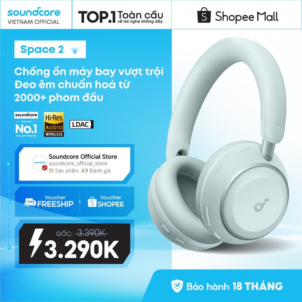 Tai nghe Bluetooth Soundcore Space 2 chống ồn vượt trội| Đeo êm thoải mái| Có chế độ thư giãn| Pin tới 70H- BH 18 tháng